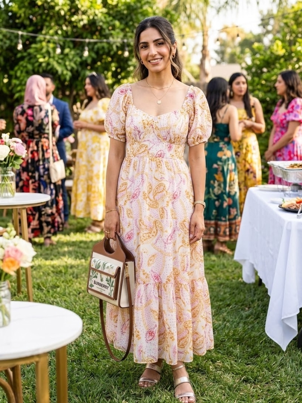 Jessica Simpson Pink & Cream Paisley Puff-Sleeve Maxi Dress